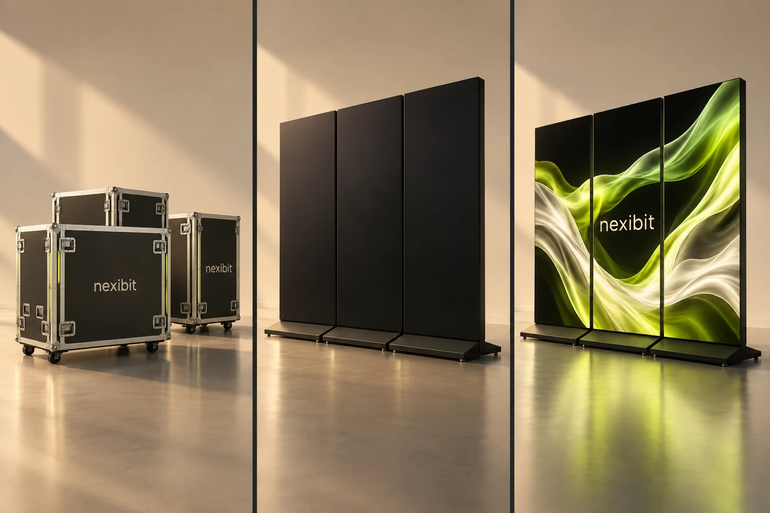 Illustrative Nexibit-branded transport cases in a clean exhibition studio.
