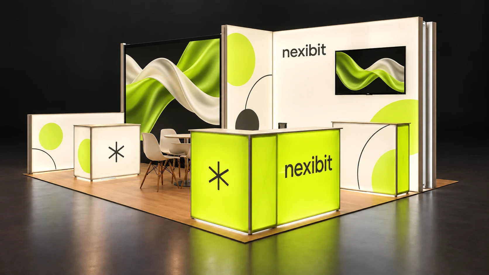 Nexibit concept with ivory backlit walls, lime illuminated counters and coordinated screen graphics