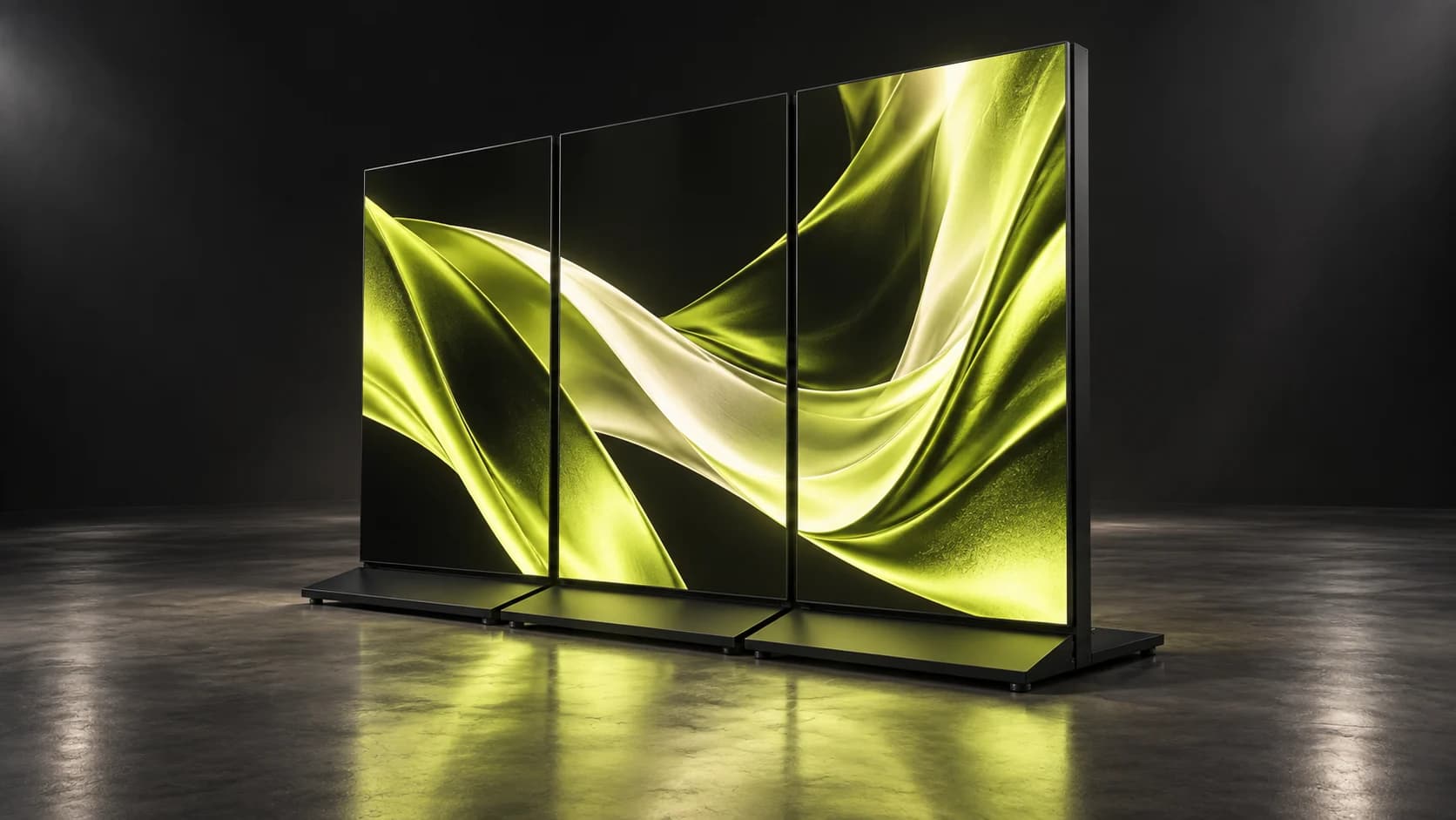 Concept visualization of three floor-standing LED panels displaying a continuous lime-and-ivory silk graphic in a dark studio