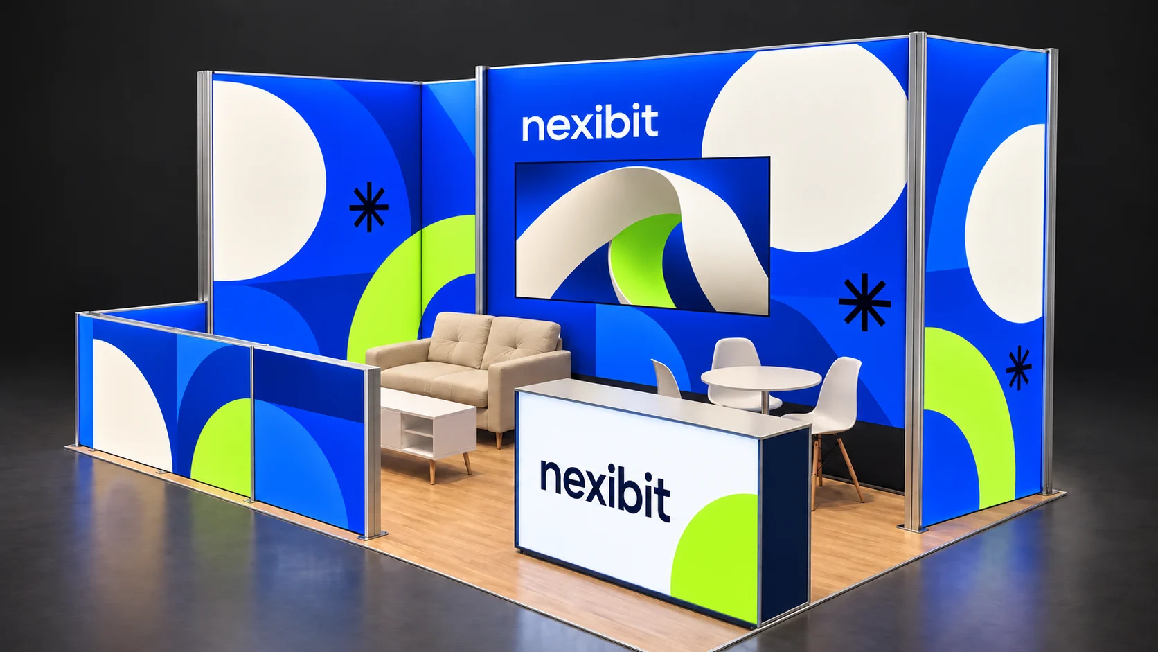 Nexibit Prism concept with cobalt, ivory and lime geometric graphics, a lounge area and an illuminated branded counter